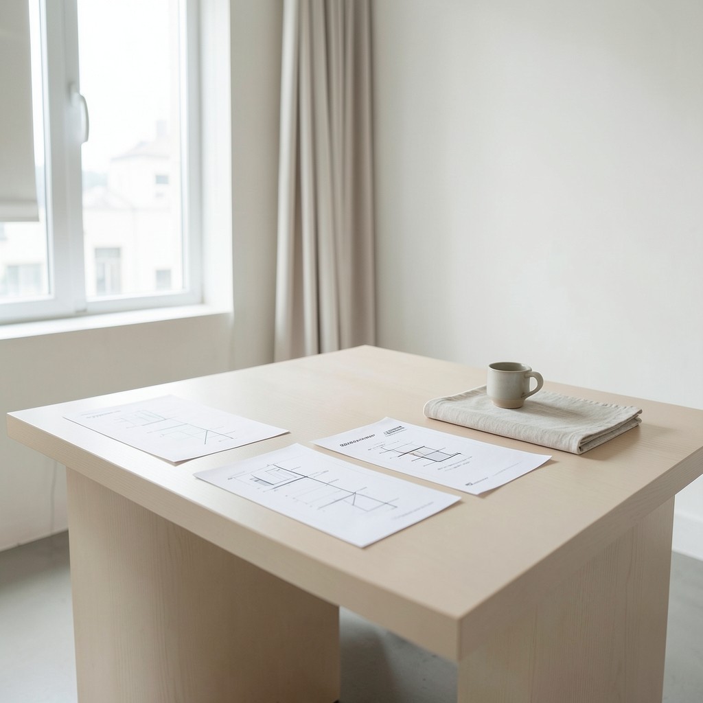 Bright Bangkok studio desk with printed corridor charts and notebooks
