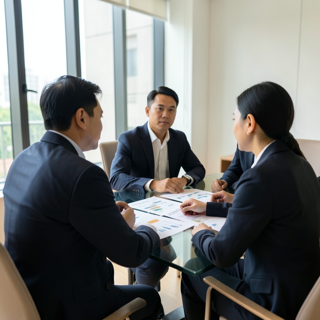 Team discussion around printed charts in a bright meeting room