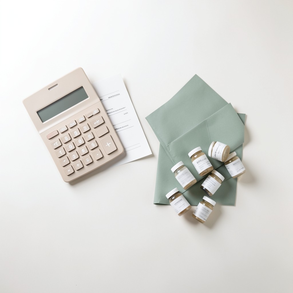Calculator, customs forms, and product samples on a clean desk