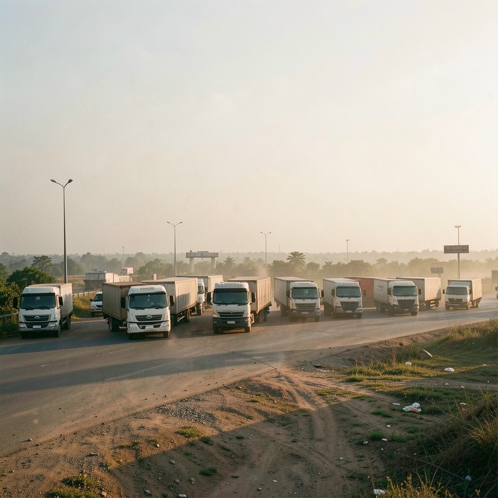 Border checkpoint trucks waiting under late afternoon light