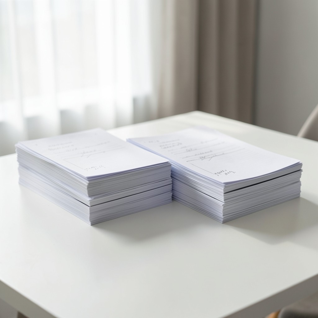 Two printed reports compared side by side with pencil annotations