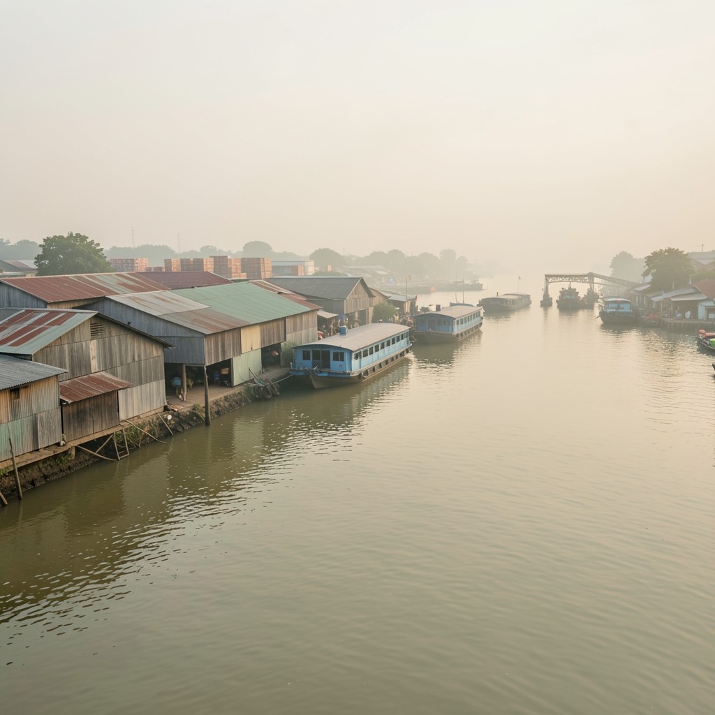 Bangkok waterfront warehouses and river barges at soft morning light