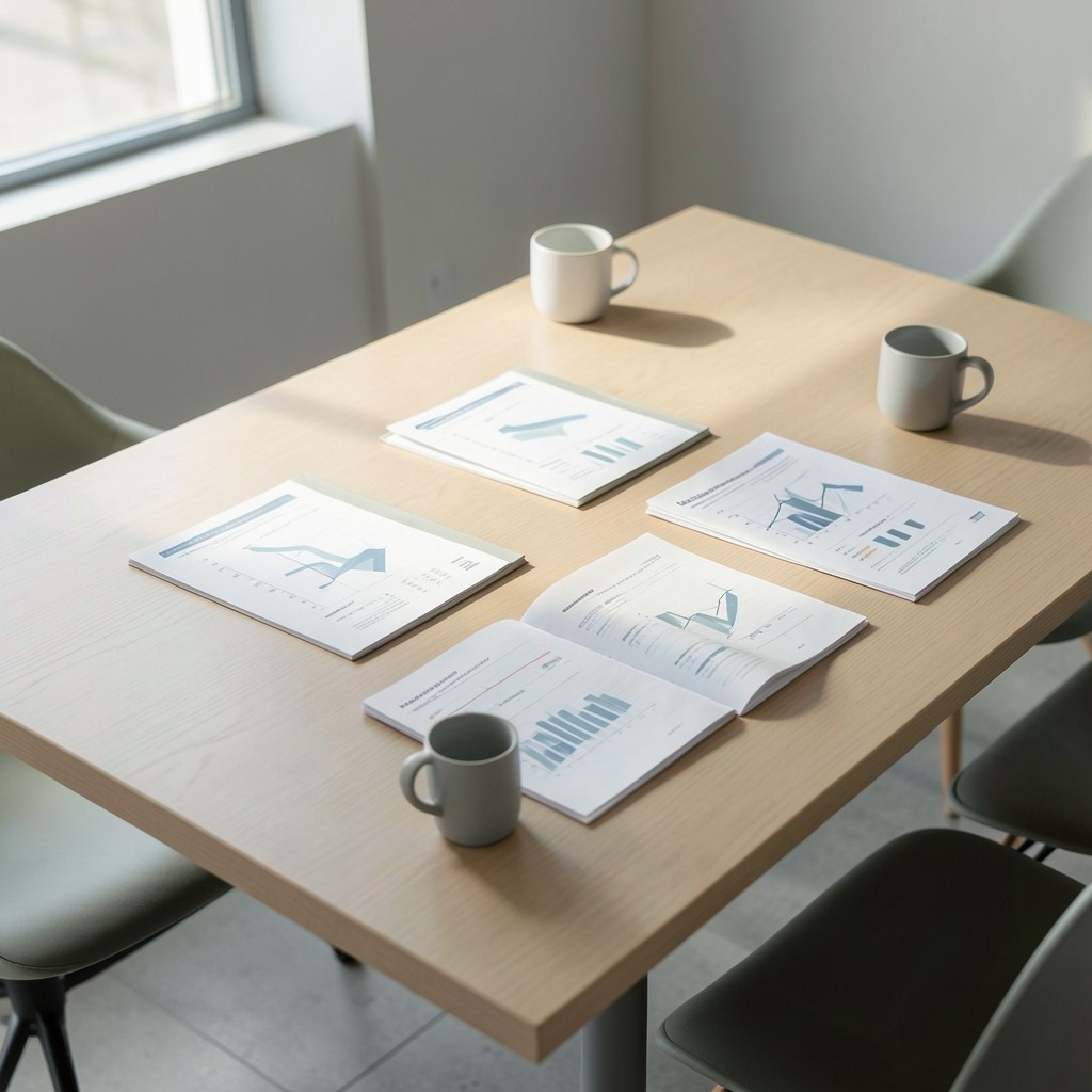Printed analytics packs spread across a meeting table with coffee cups