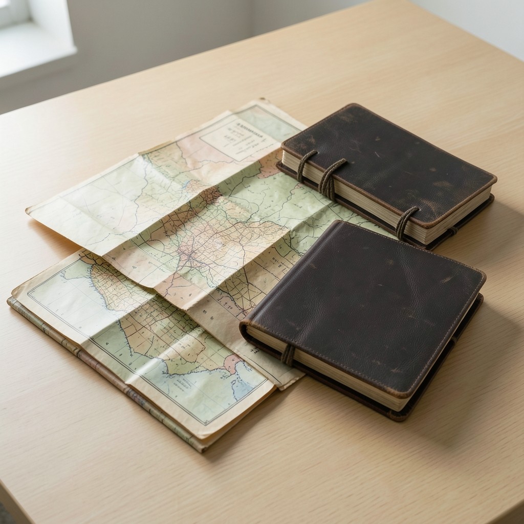 Maps and shipping ledgers arranged on a light wood desk