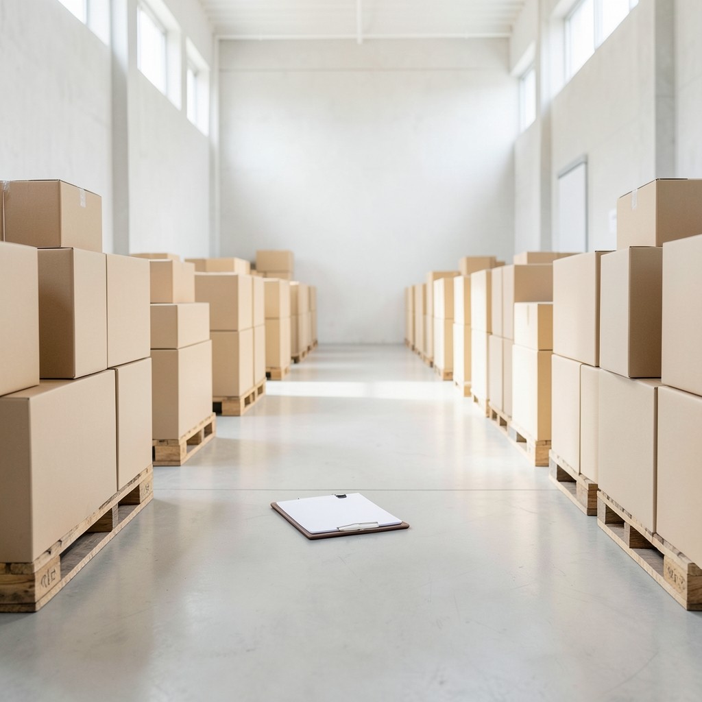Warehouse aisle with labeled cartons and clipboard notes